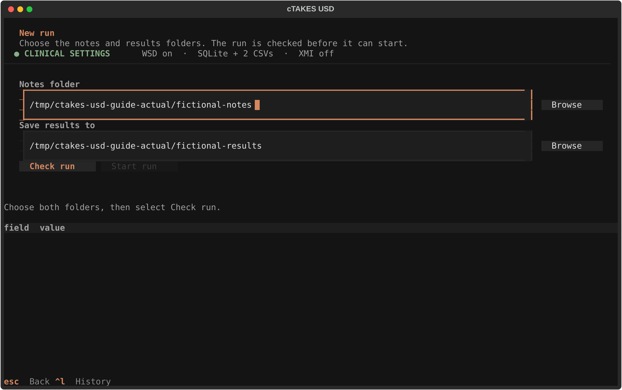 New run screen with separate fictional notes and results folder fields filled in.