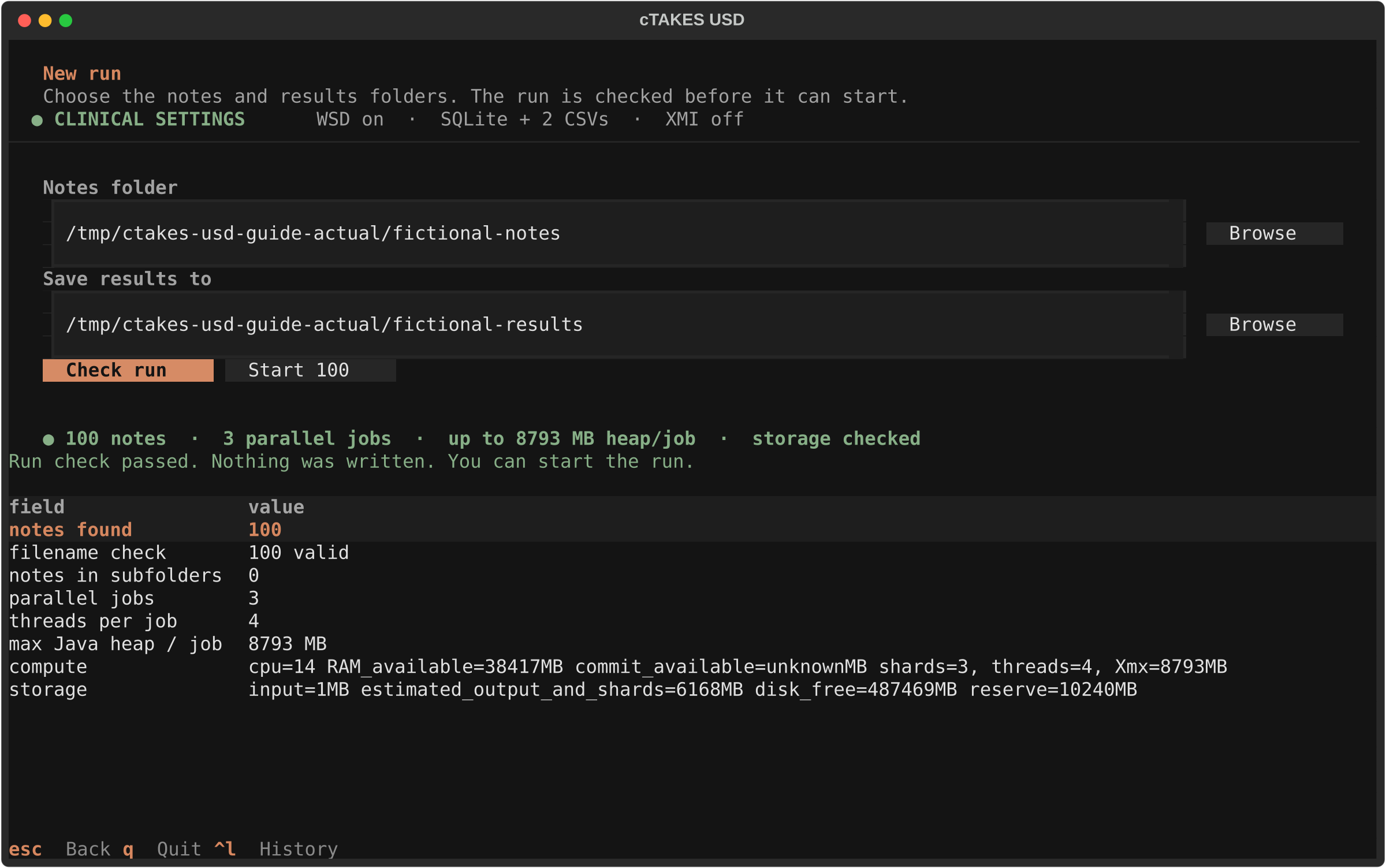 New run preflight summary showing 100 valid note filenames, three parallel jobs, and checked storage.