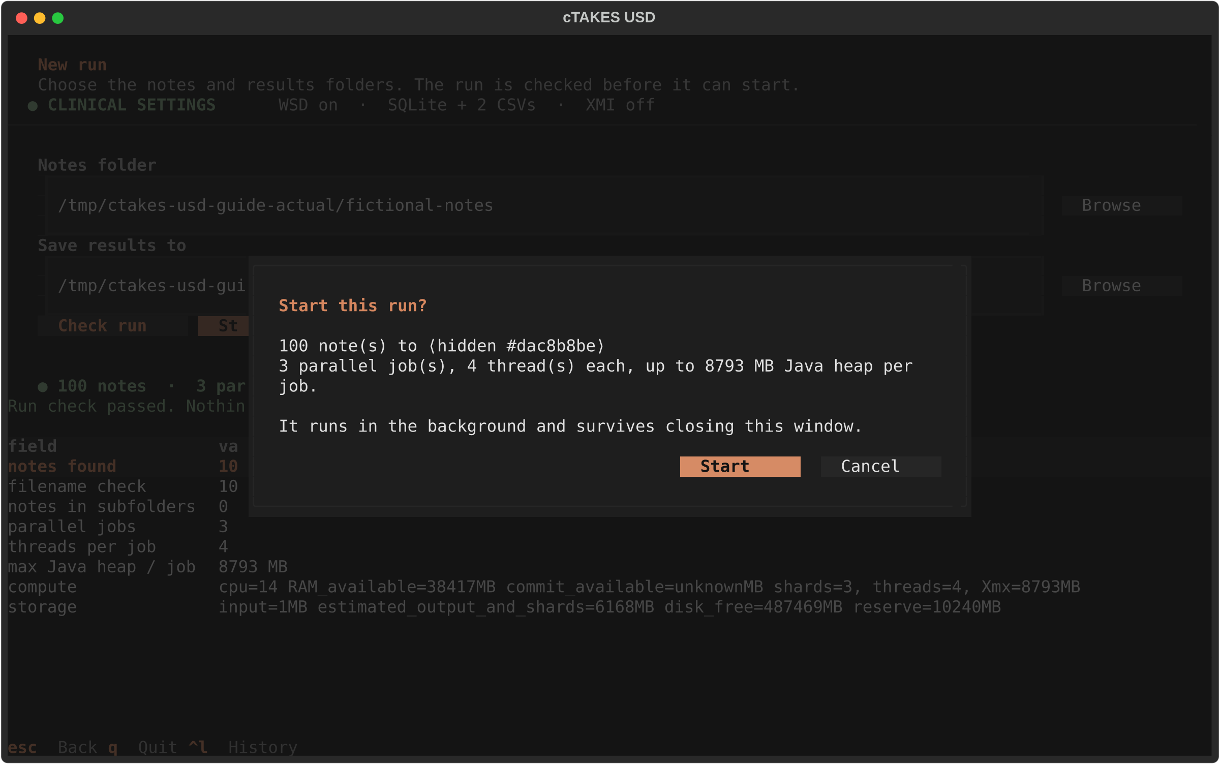 Start this run confirmation dialog showing 100 notes, three parallel jobs, and that the run survives closing the window.