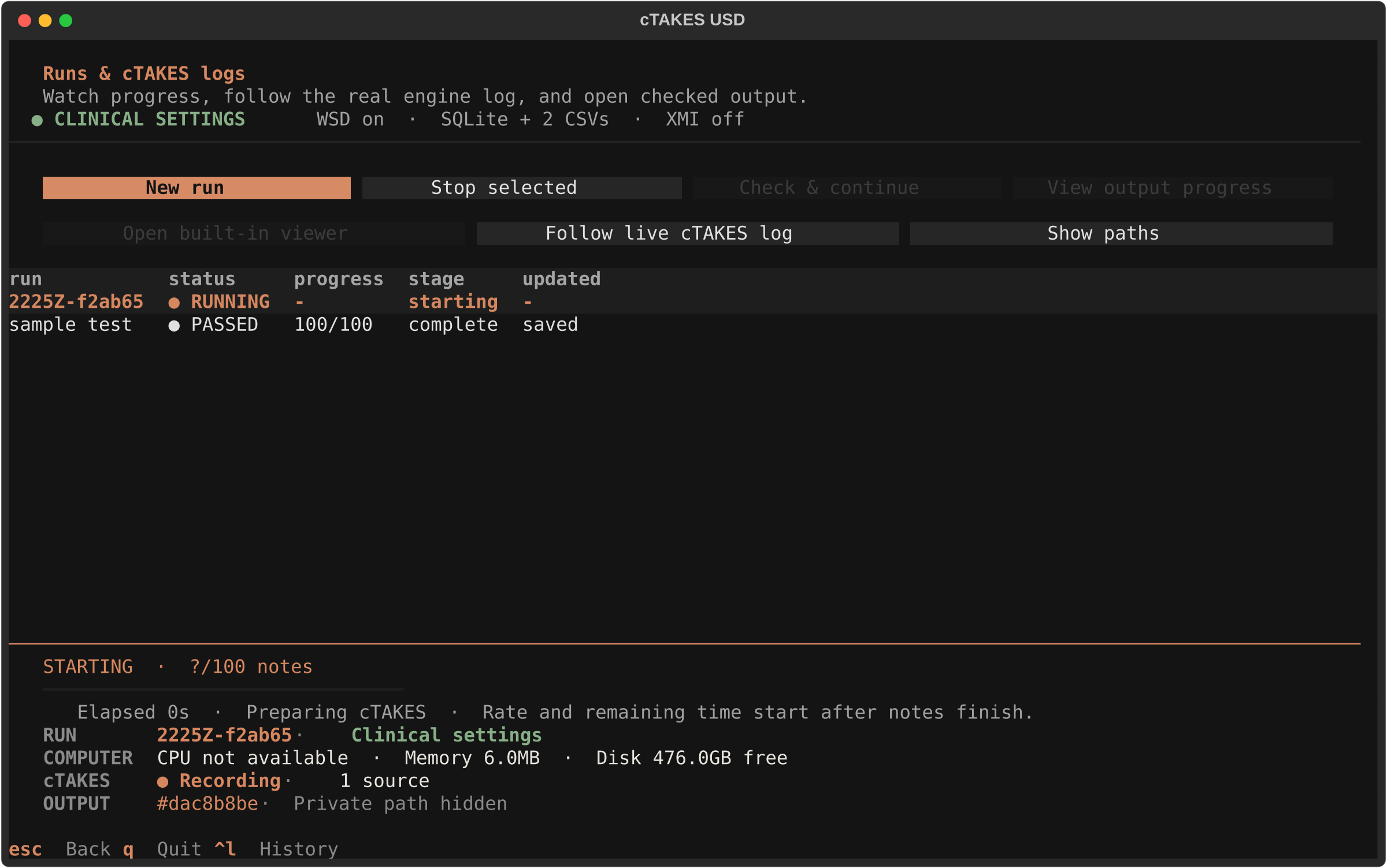 Runs and cTAKES logs screen showing a fictional run starting in the background and the saved sample test below it.