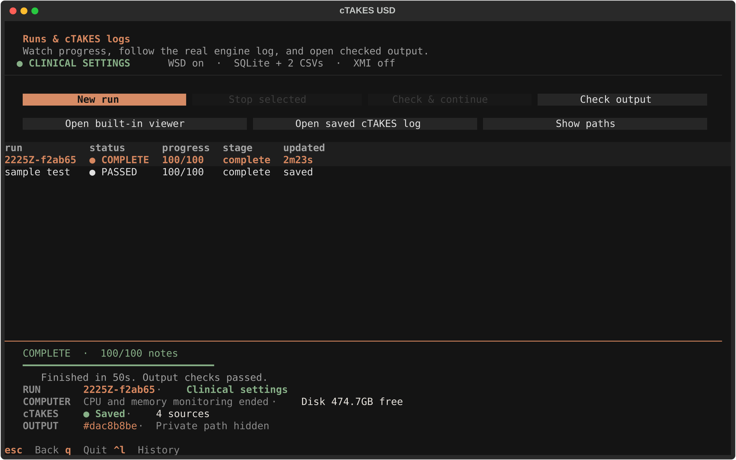 Runs screen showing a completed fictional cTAKES job with PASSED status and all notes finished.
