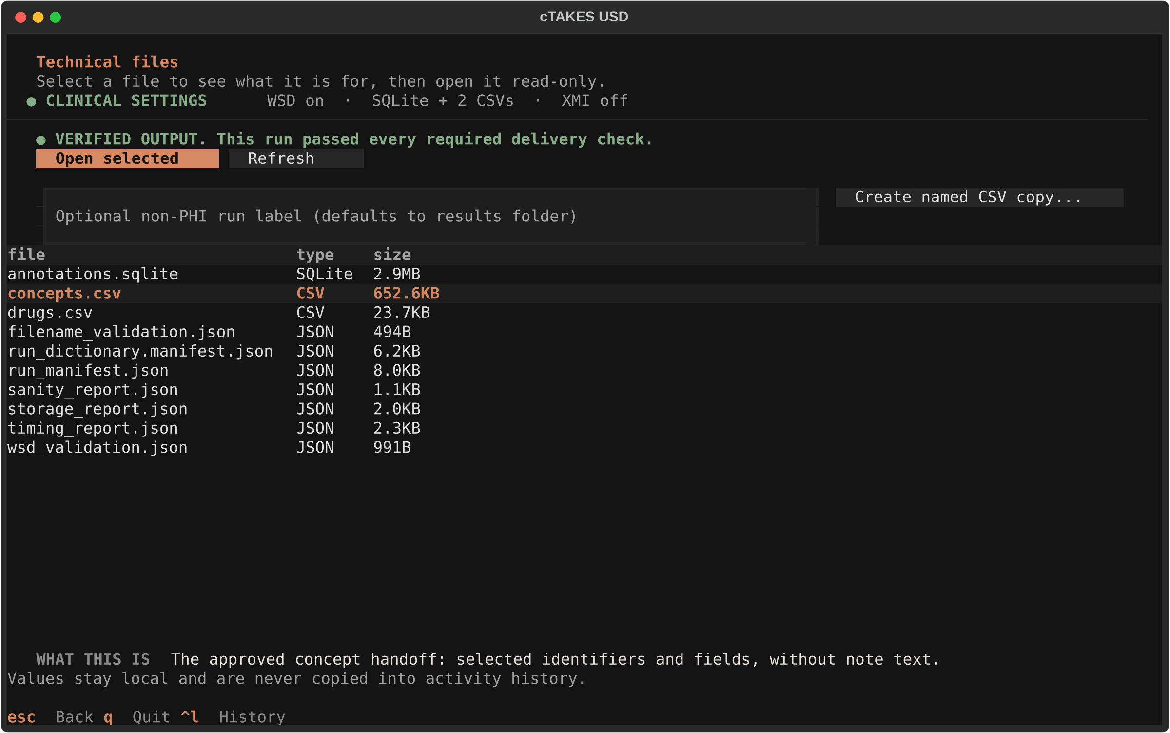 Technical files screen listing the verified run artifacts with concepts.csv selected as the approved concept handoff.