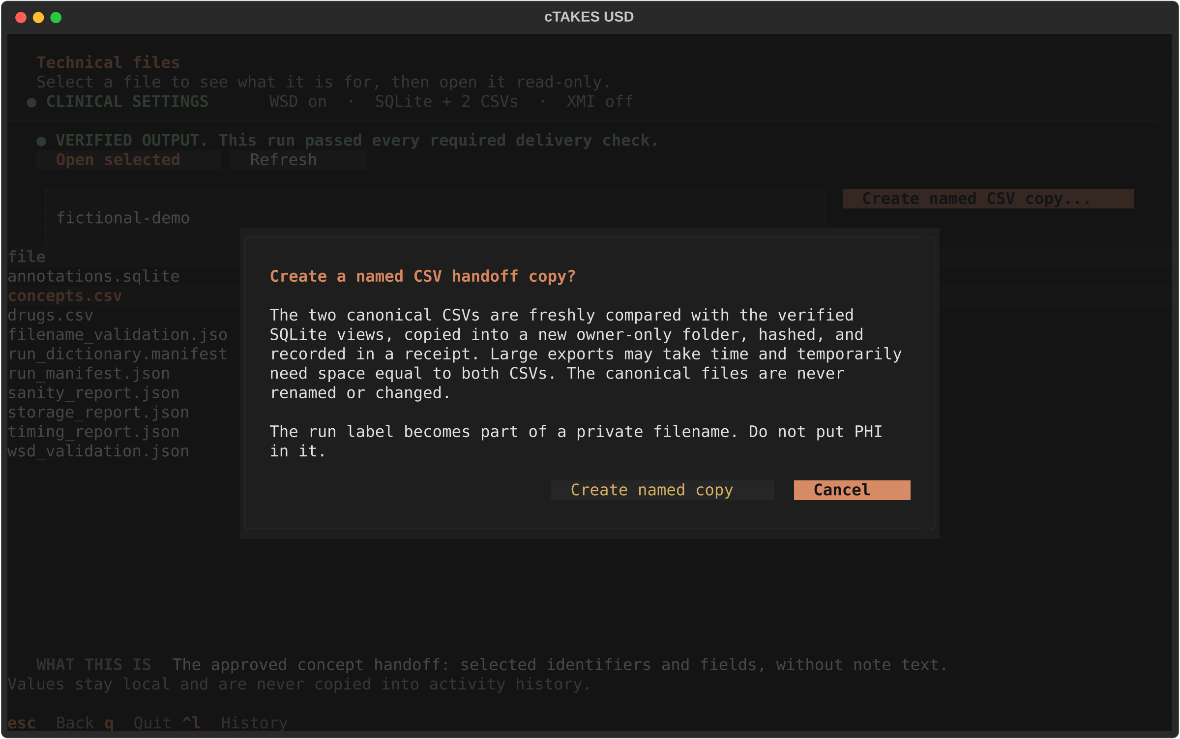 Named CSV copy confirmation for both canonical handoff files using the fictional-demo label, with hashes recorded in a receipt.